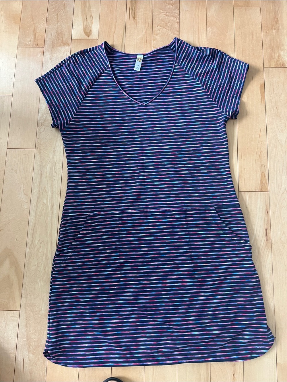 Lole Striped V-Neck Short Sleeve Dress - Navy, Pink & Teal
